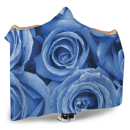 Bright Blue Rose Print Hooded Blanket
