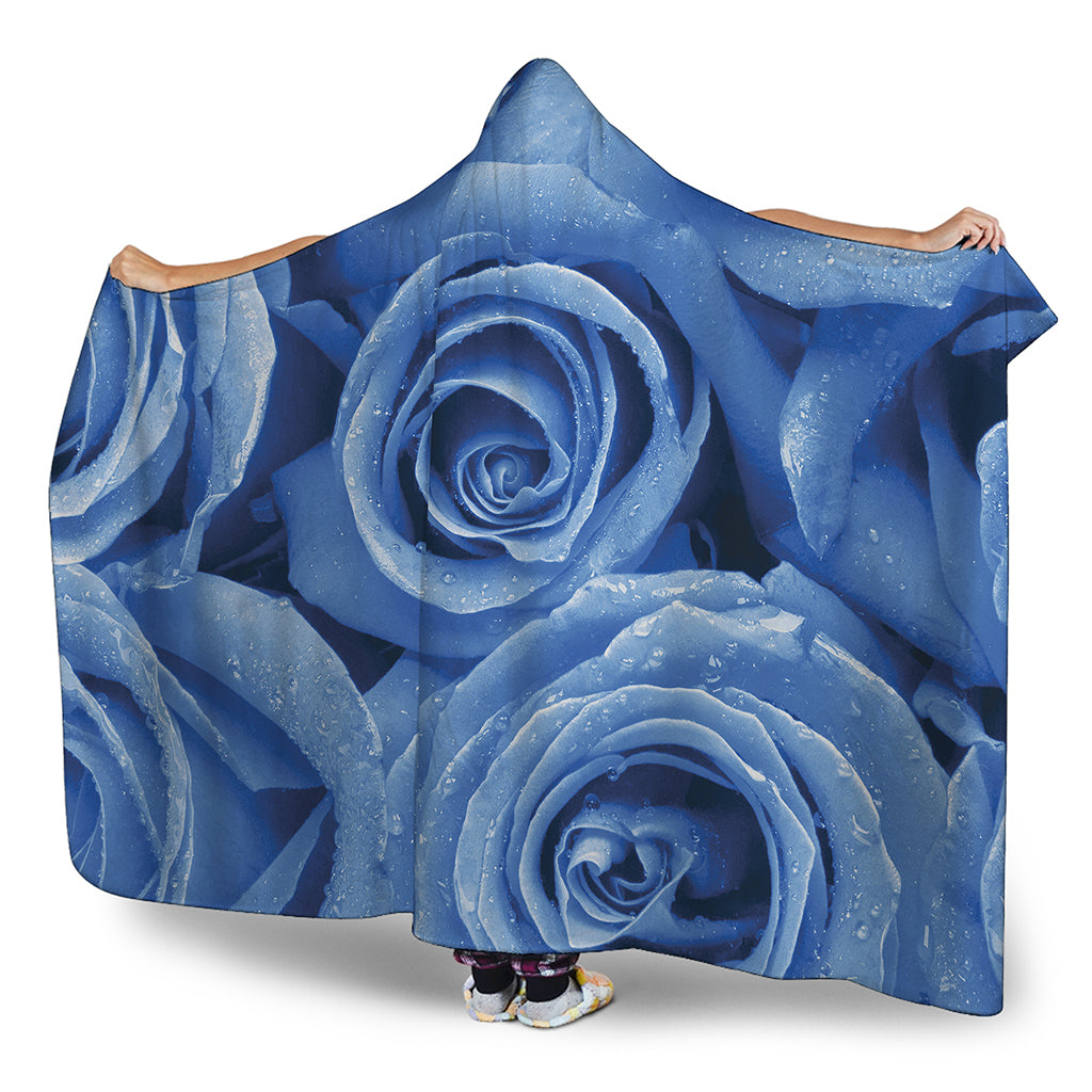 Bright Blue Rose Print Hooded Blanket