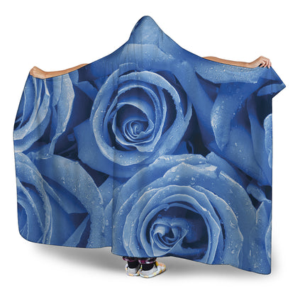 Bright Blue Rose Print Hooded Blanket
