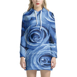 Bright Blue Rose Print Hoodie Dress