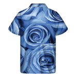 Bright Blue Rose Print Men's Short Sleeve Shirt