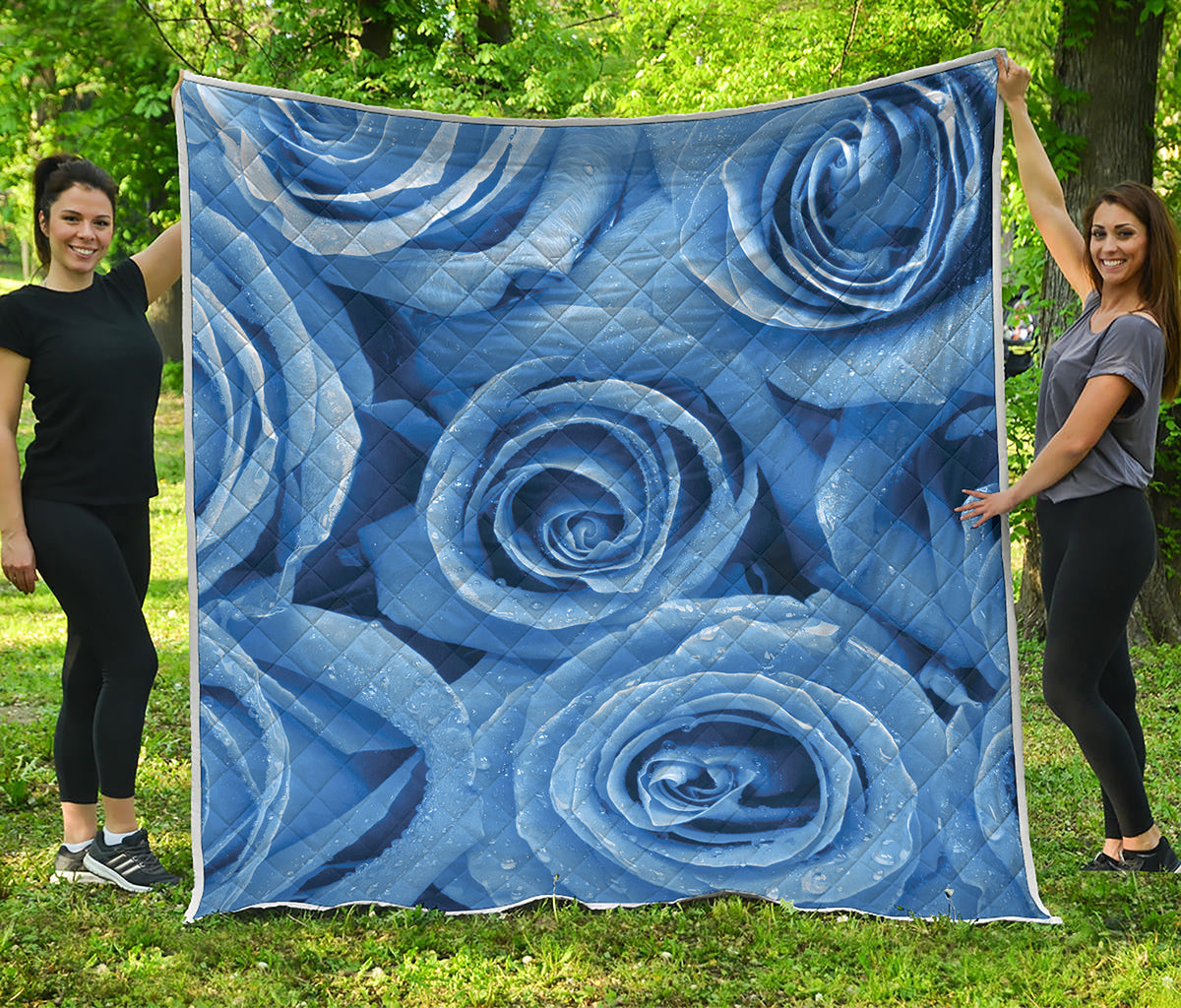Bright Blue Rose Print Quilt