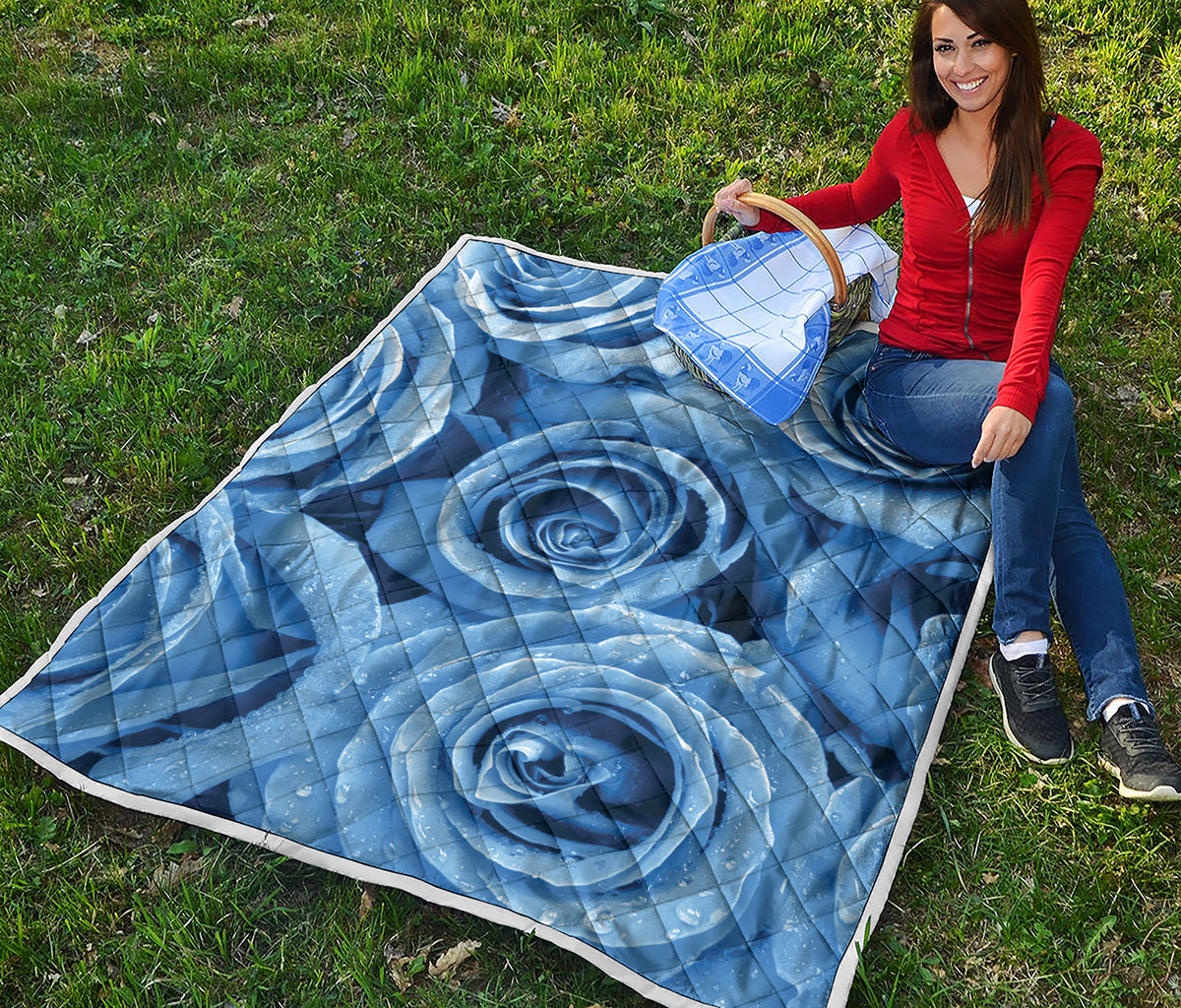 Bright Blue Rose Print Quilt