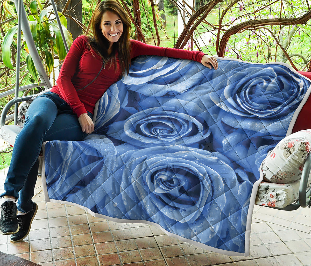 Bright Blue Rose Print Quilt