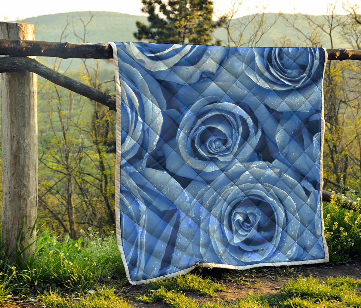 Bright Blue Rose Print Quilt
