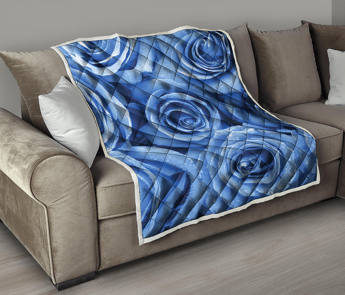 Bright Blue Rose Print Quilt