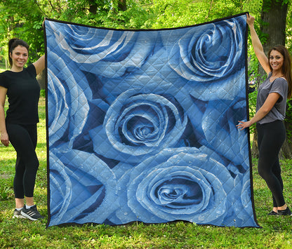Bright Blue Rose Print Quilt