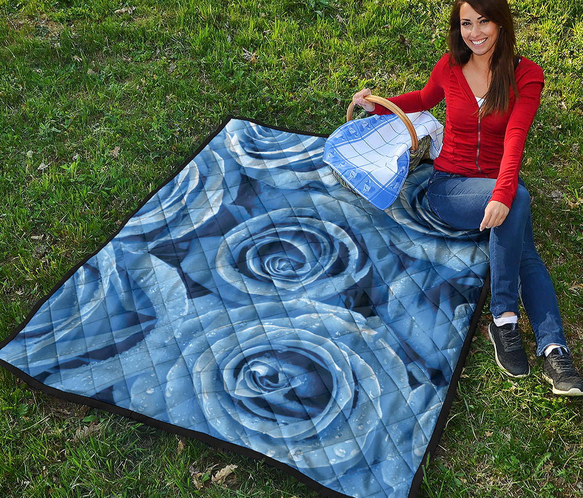 Bright Blue Rose Print Quilt