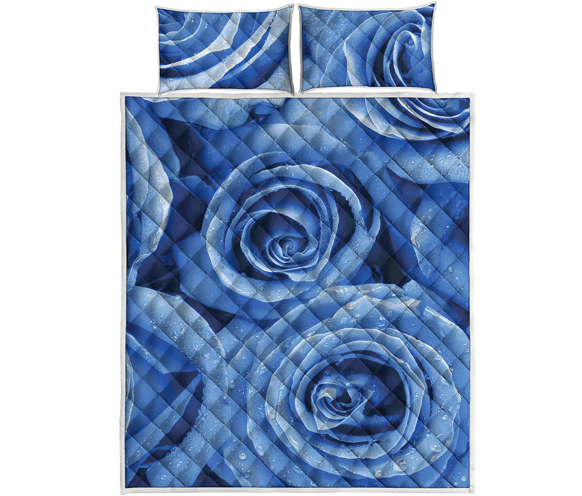 Bright Blue Rose Print Quilt Bed Set