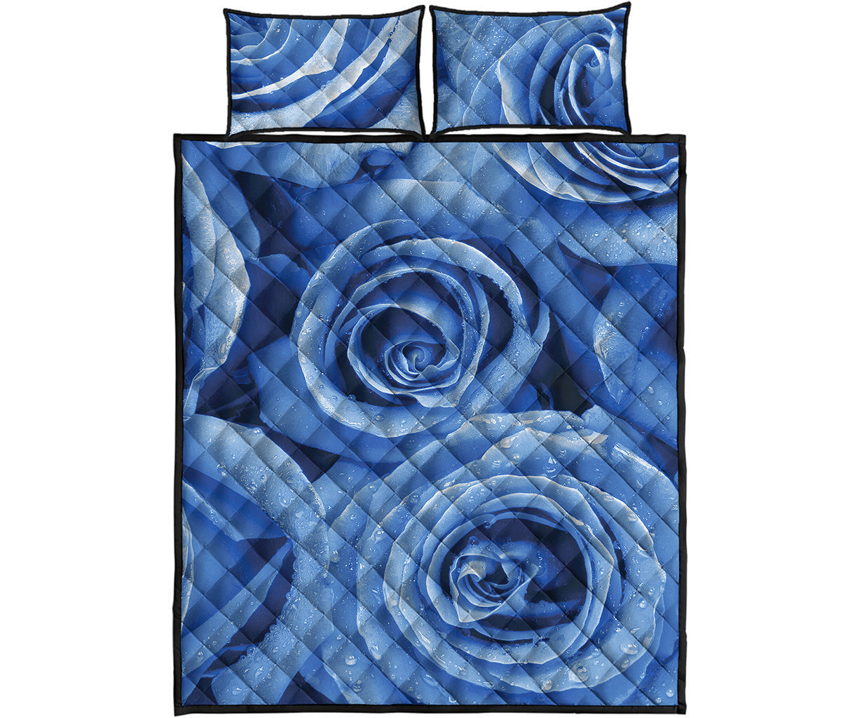 Bright Blue Rose Print Quilt Bed Set