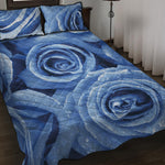 Bright Blue Rose Print Quilt Bed Set