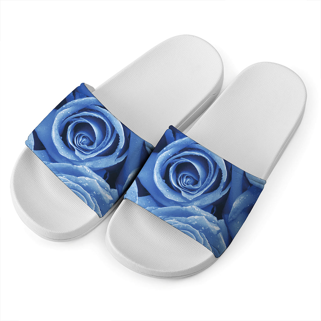 Bright Blue Rose Print White Slide Sandals