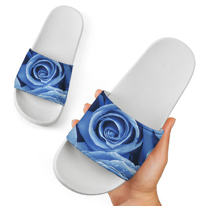 Bright Blue Rose Print White Slide Sandals