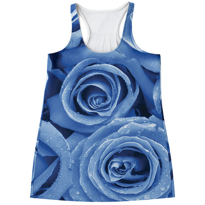 Bright Blue Rose Print Women's Racerback Tank Top