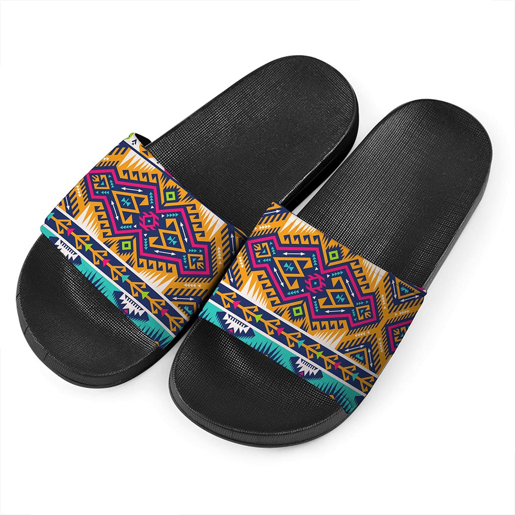 Bright Colors Aztec Pattern Print Black Slide Sandals