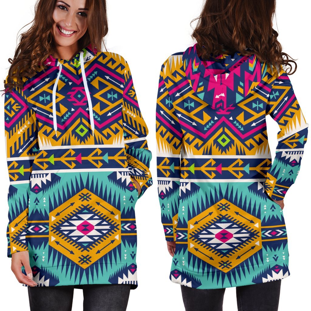 Bright Colors Aztec Pattern Print Hoodie Dress GearFrost
