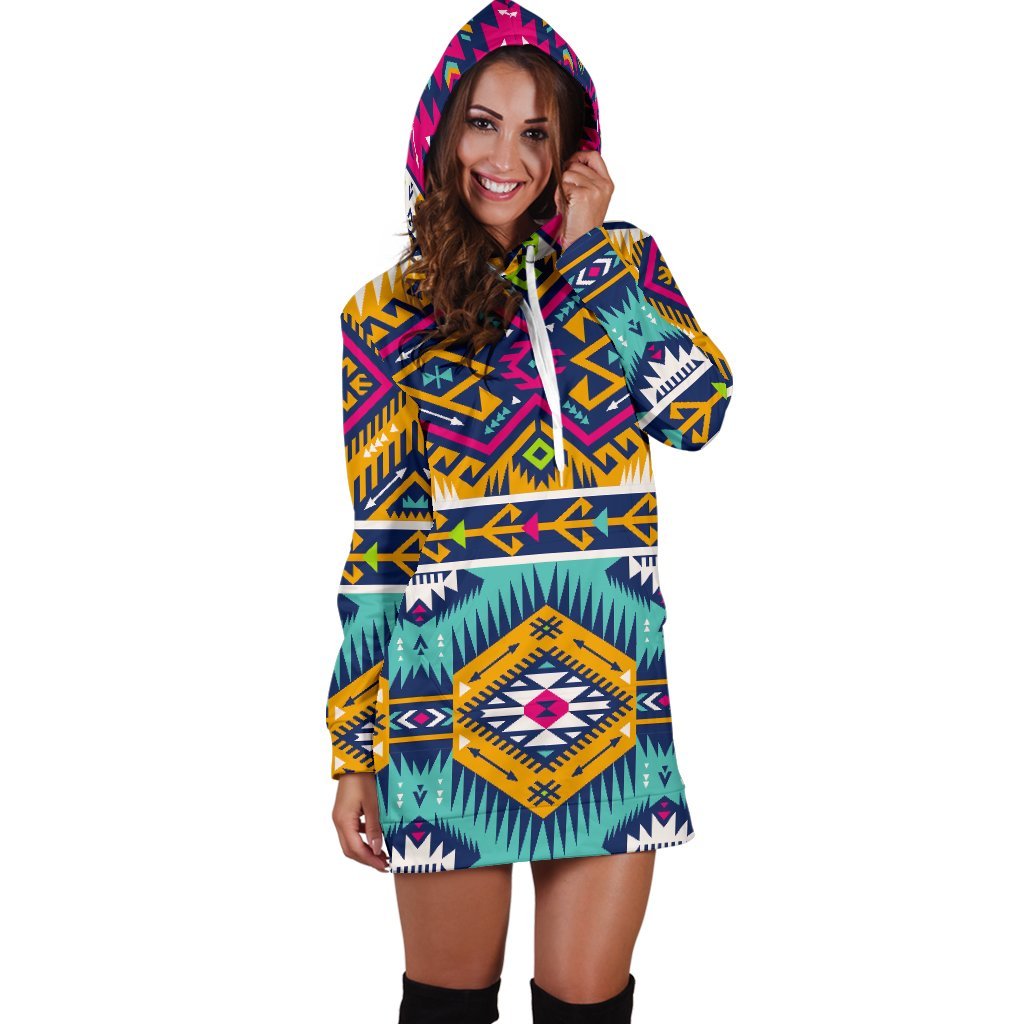Bright Colors Aztec Pattern Print Hoodie Dress GearFrost