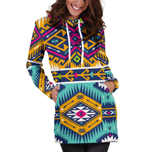 Bright Colors Aztec Pattern Print Hoodie Dress GearFrost