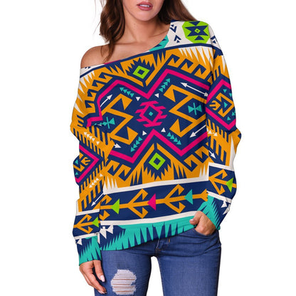 Bright Colors Aztec Pattern Print Off Shoulder Sweatshirt GearFrost