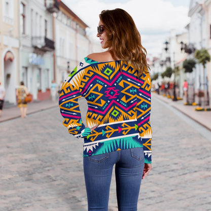 Bright Colors Aztec Pattern Print Off Shoulder Sweatshirt GearFrost