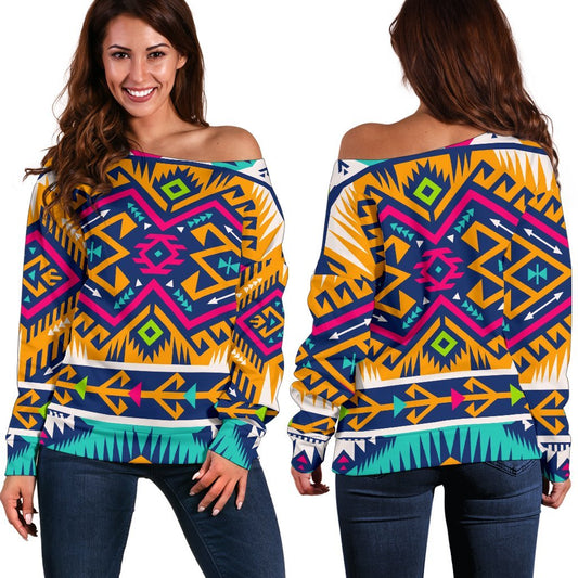 Bright Colors Aztec Pattern Print Off Shoulder Sweatshirt GearFrost