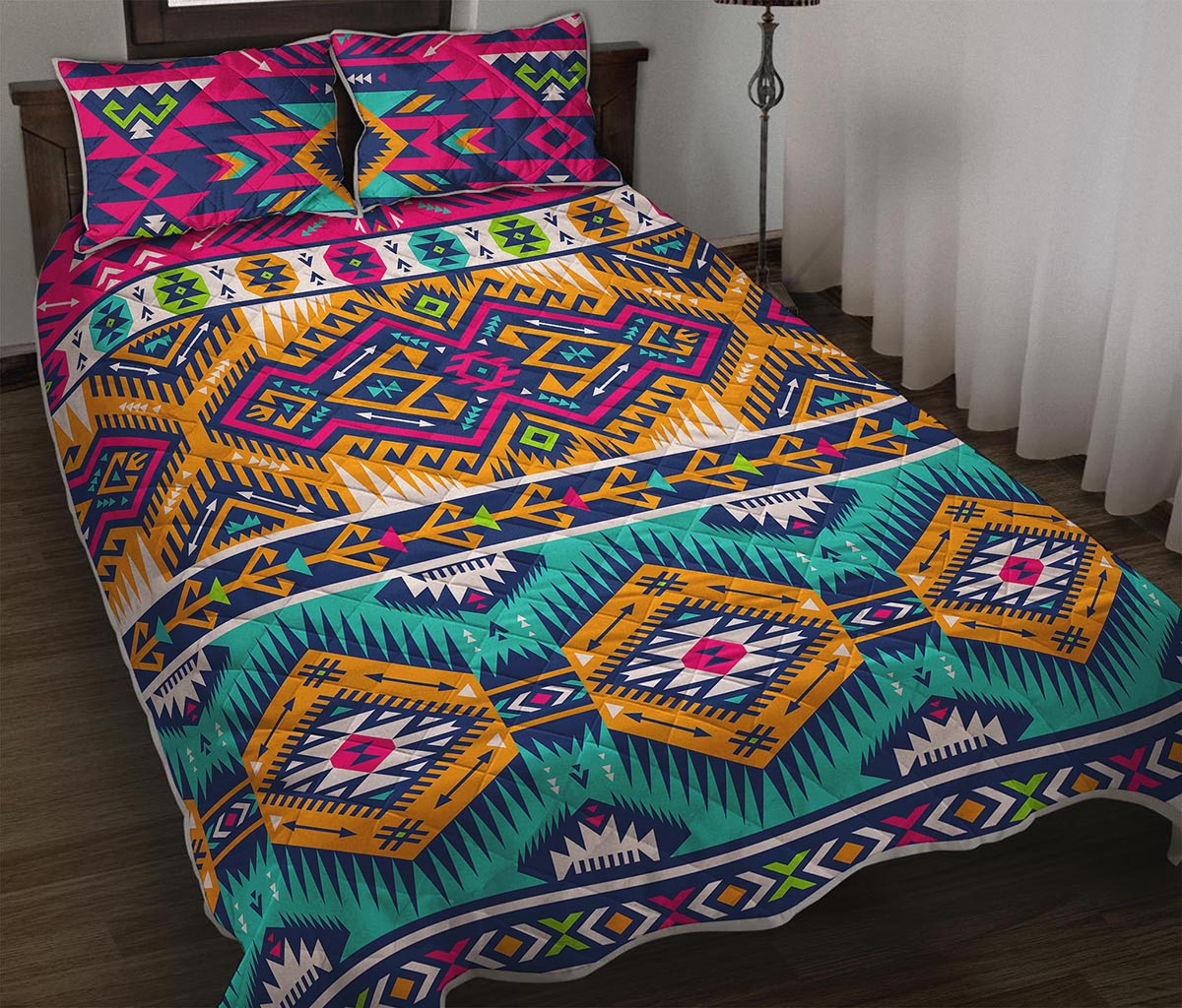 Bright Colors Aztec Pattern Print Quilt Bed Set