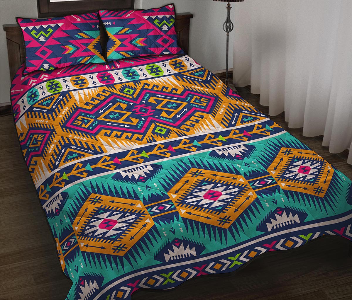 Bright Colors Aztec Pattern Print Quilt Bed Set