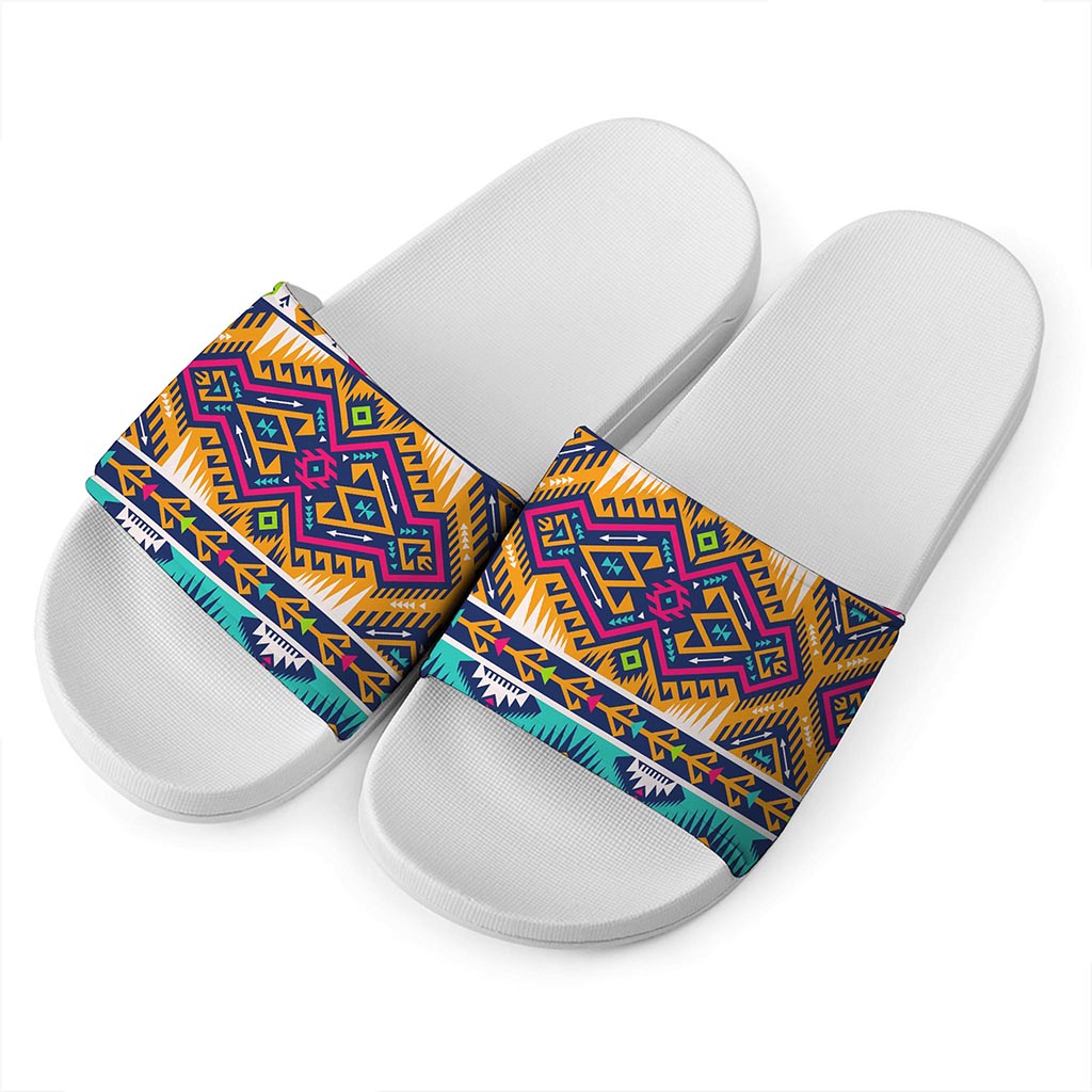 Bright Colors Aztec Pattern Print White Slide Sandals