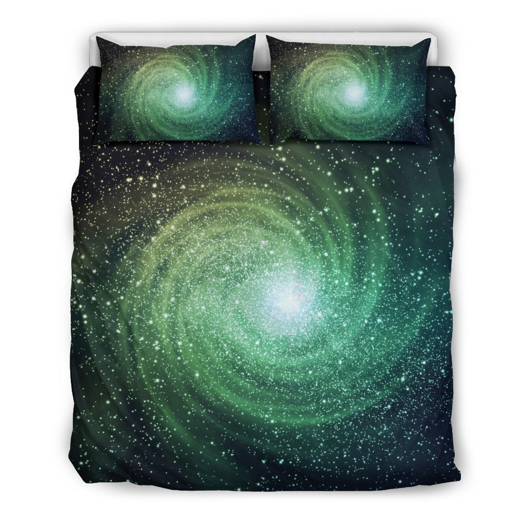 Bright Green Spiral Galaxy Space Print Duvet Cover Bedding Set GearFrost