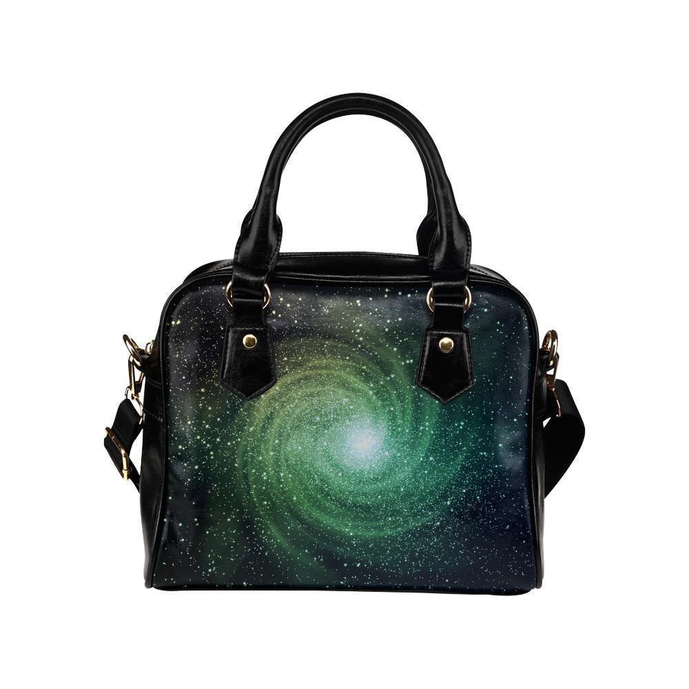 Bright Green Spiral Galaxy Space Print Leather Shoulder Handbag GearFrost