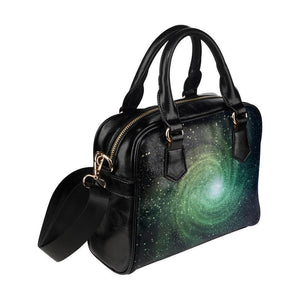 Bright Green Spiral Galaxy Space Print Leather Shoulder Handbag GearFrost