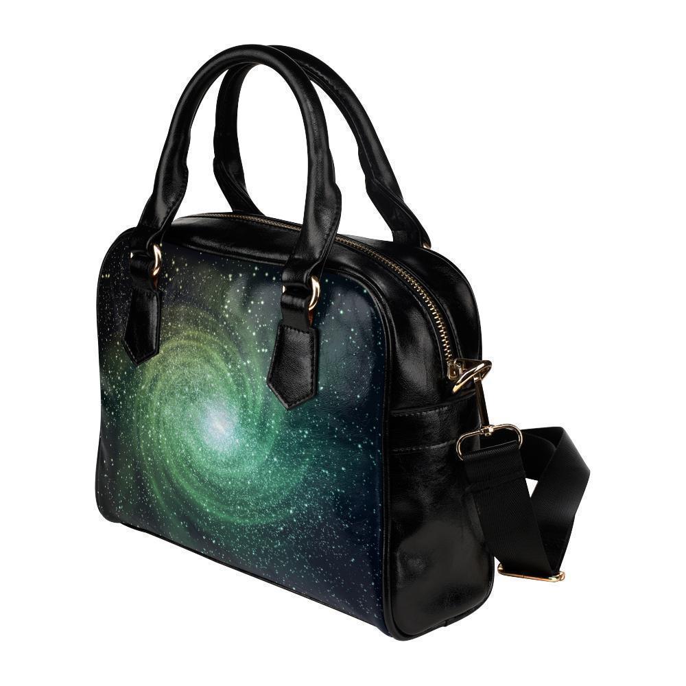 Bright Green Spiral Galaxy Space Print Leather Shoulder Handbag GearFrost