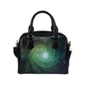 Bright Green Spiral Galaxy Space Print Leather Shoulder Handbag