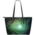 Bright Green Spiral Galaxy Space Print Leather Tote Bag With Zipper