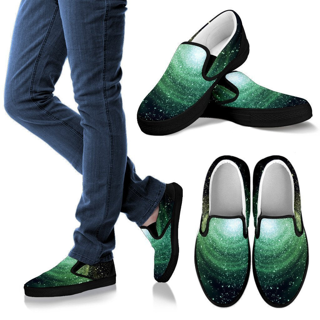 Bright Green Spiral Galaxy Space Print Men's Slip On Shoes GearFrost