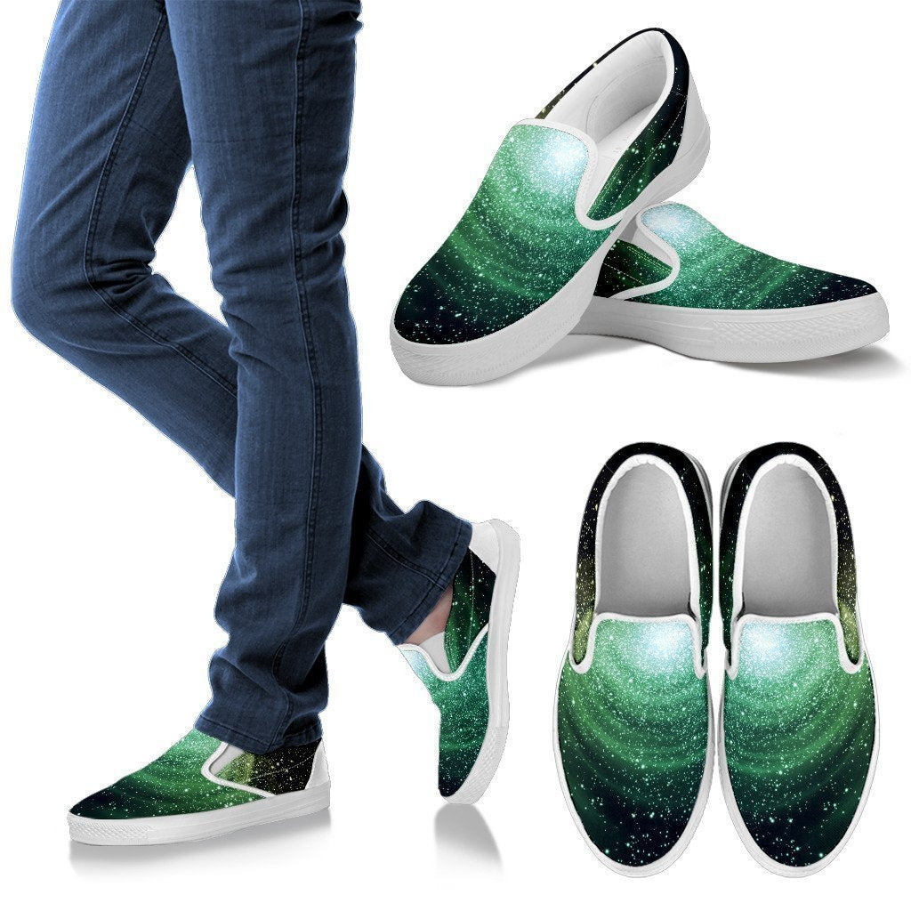 Bright Green Spiral Galaxy Space Print Women's Slip On Shoes GearFrost
