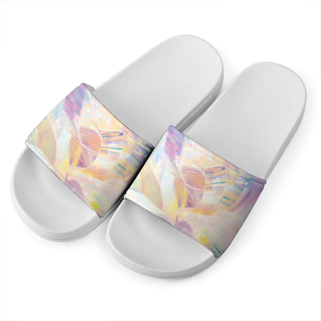 Bright Holographic Print White Slide Sandals