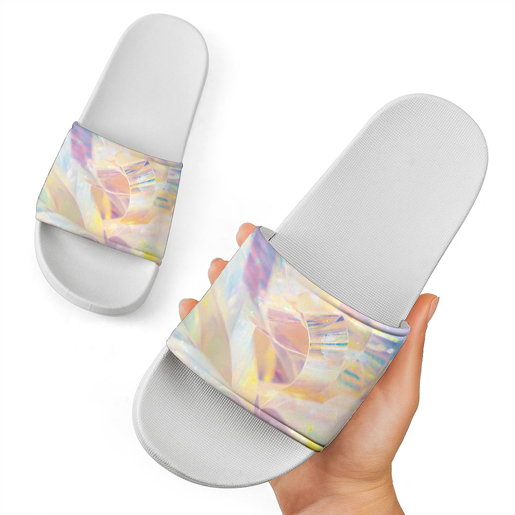 Bright Holographic Print White Slide Sandals