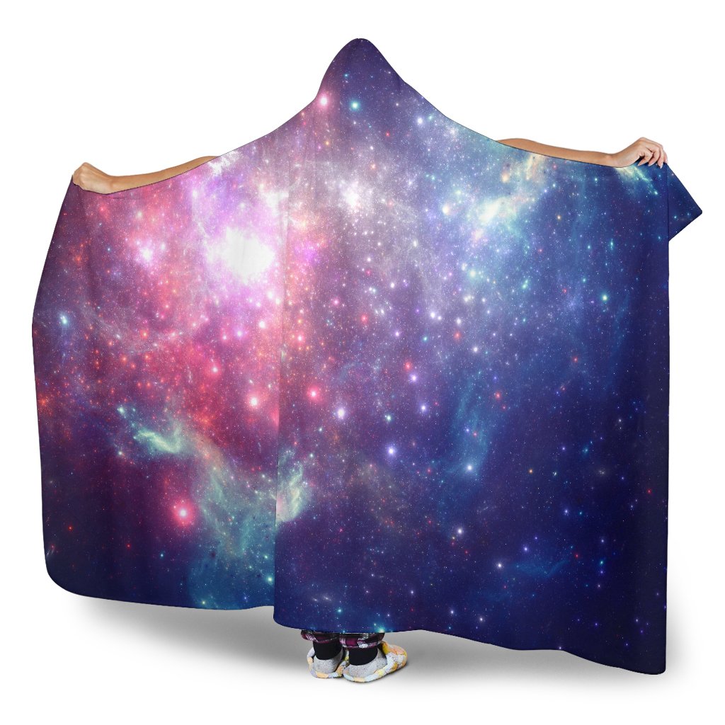 Bright Red Blue Stars Galaxy Space Print Hooded Blanket GearFrost