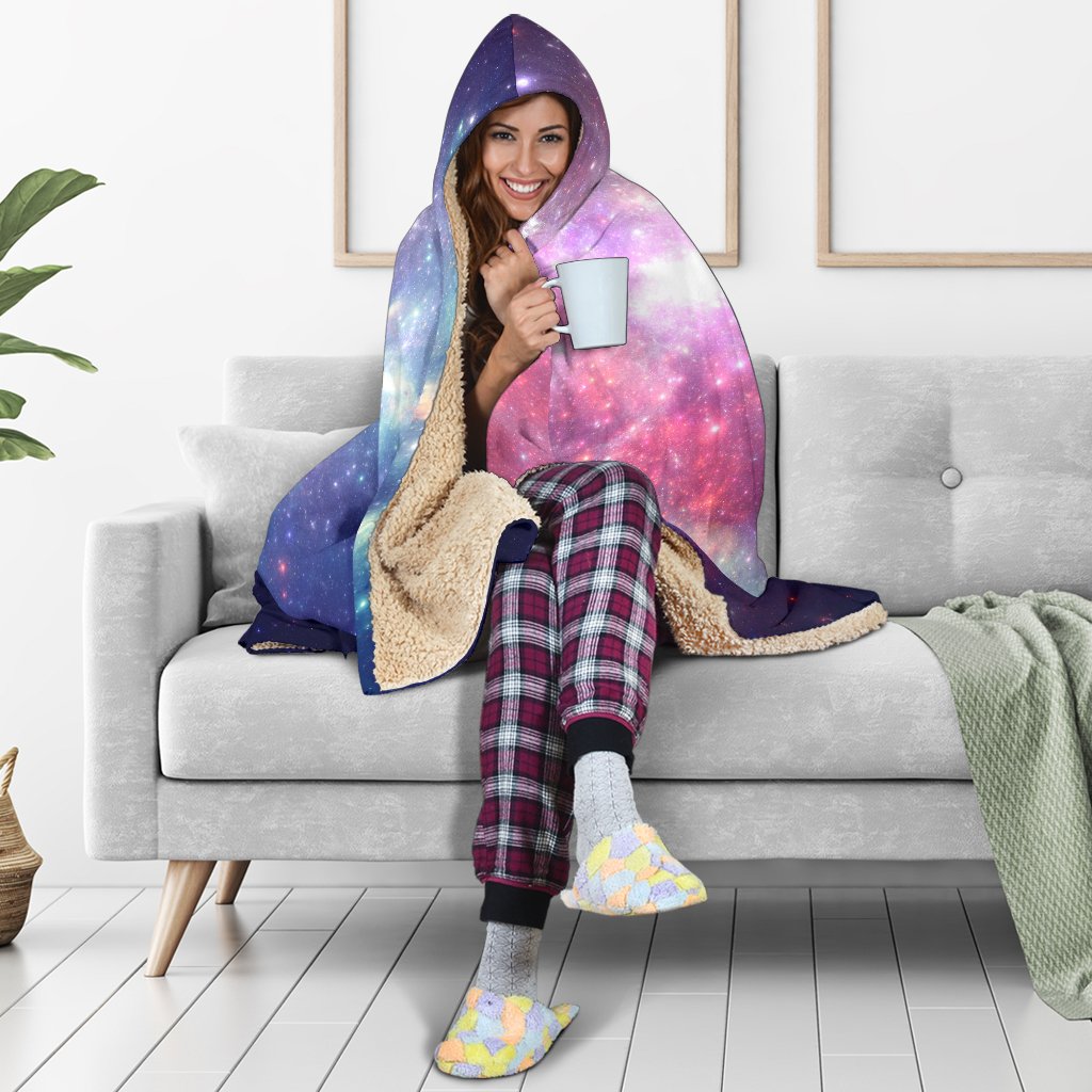 Bright Red Blue Stars Galaxy Space Print Hooded Blanket GearFrost