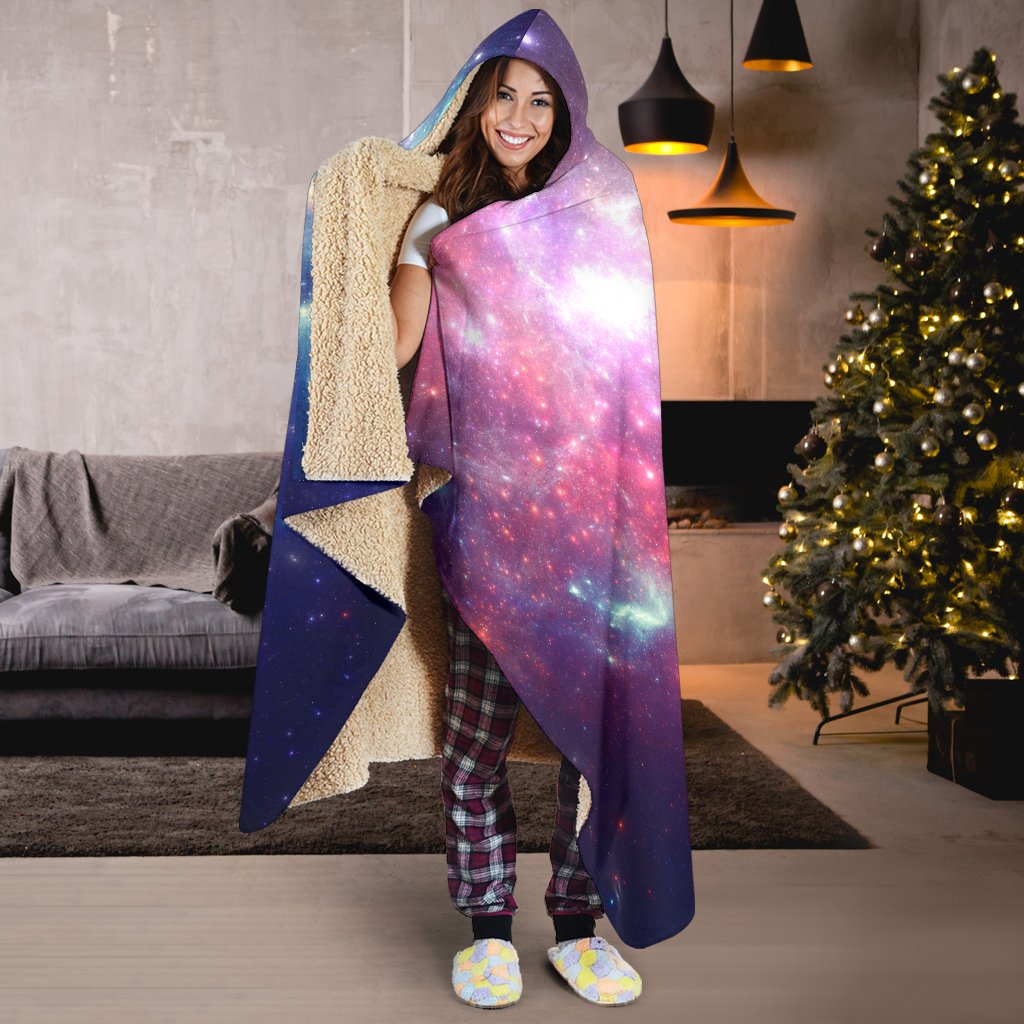 Bright Red Blue Stars Galaxy Space Print Hooded Blanket GearFrost