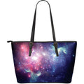 Bright Red Blue Stars Galaxy Space Print Leather Tote Bag With Zipper