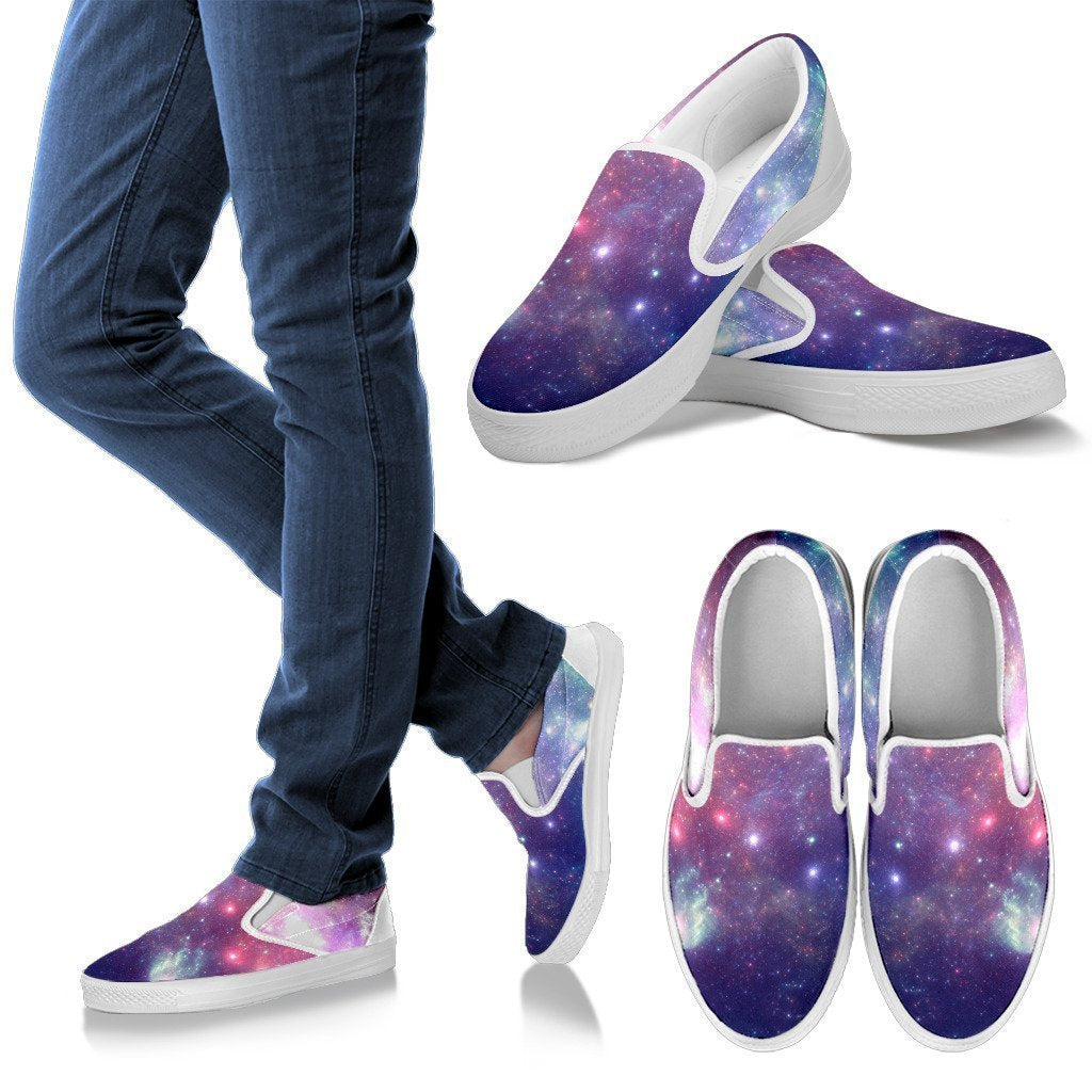 Bright Red Blue Stars Galaxy Space Print Women's Slip On Shoes GearFrost