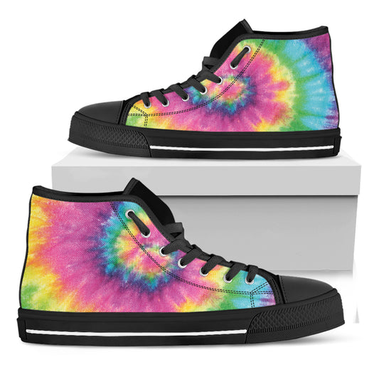 Bright Spiral Tie Dye Print Black High Top Shoes