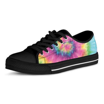 Bright Spiral Tie Dye Print Black Low Top Shoes 