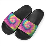Bright Spiral Tie Dye Print Black Slide Sandals