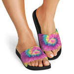 Bright Spiral Tie Dye Print Black Slide Sandals