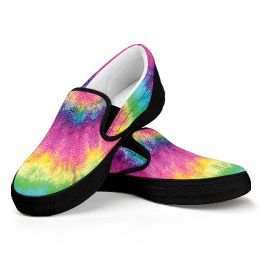 Bright Spiral Tie Dye Print Black Slip On Shoes