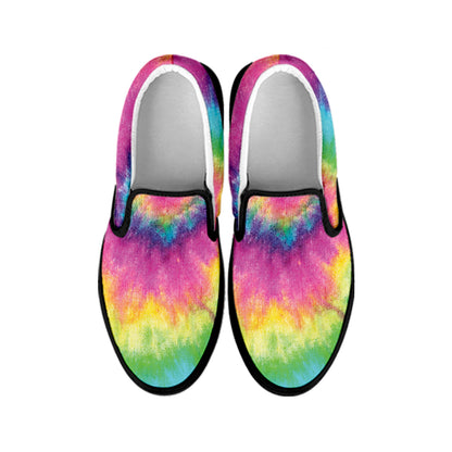Bright Spiral Tie Dye Print Black Slip On Shoes