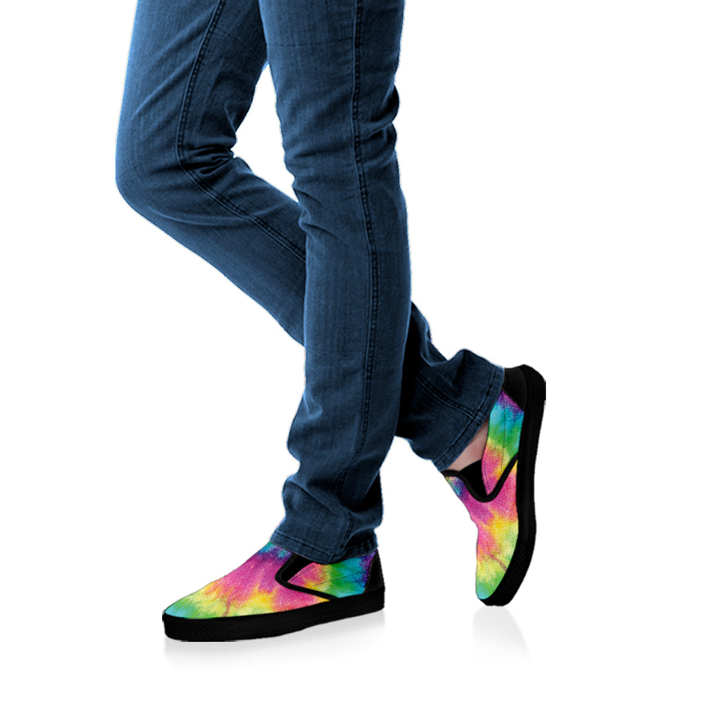 Bright Spiral Tie Dye Print Black Slip On Shoes